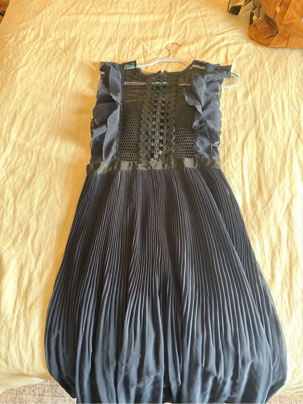 Apart Glamour Navy Pleated Dress with Lace Bodice